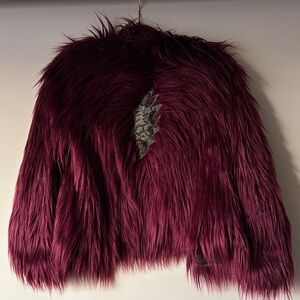 Grateful Dead inspired Upcycled Burgundy Faux Fur Jacket with 13 pt floral bolt